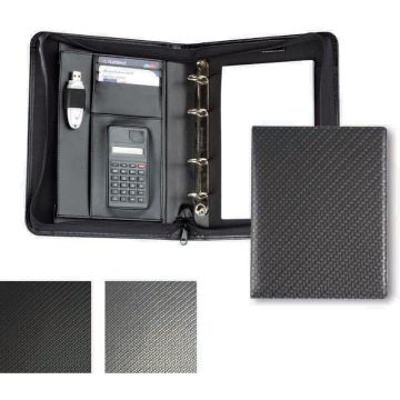Carbon Fibre Textured PU A5 Deluxe Zipped Ring Binder With Calculator